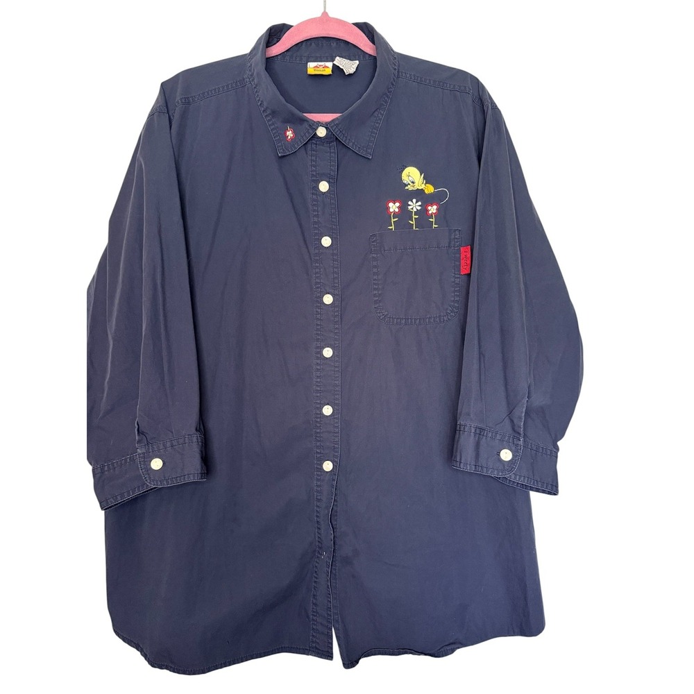 Vintage Looney Tunes 90s Tweety Navy Shirt Women's 26/28 Embroidered Button Up